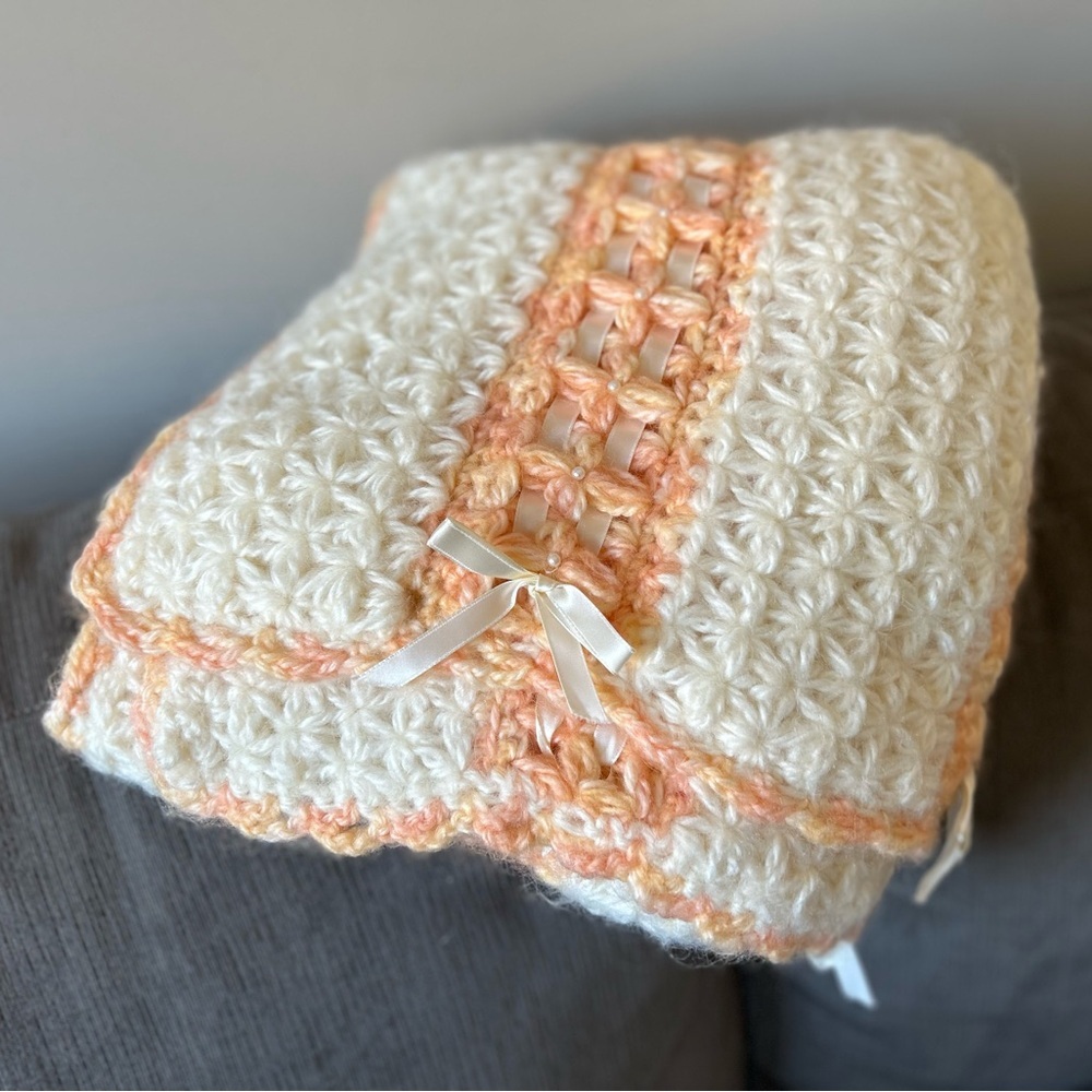 Handmade sweet Cream Peach Crochet baby Blanket ribbon bow pearl beads granny